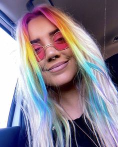 Rainbow Hair Front Pieces, Blonde Hair With Rainbow Money Piece, Fun Vivid Hair Colors, Fun Hair Colors For Blondes, Blonde Hair With Vivid Colors, Rainbow Blonde Hair, Blonde And Vivid Hair Color, Rainbow Money Piece Hair, Fun Hair Color Ideas For Blondes Trends