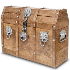 a wooden chest with metal handles and lion heads on the front, set against a white background