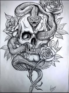 a drawing of a skull with roses and a snake on it's head in the middle