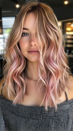 Transform Your Hair with 30 Balayage Colors for 2024: Top Trends for a Gorgeous Year Blush Pink Balayage, Rose Balayage Blonde, Pink In Blonde Hair Highlights, Pops Of Pink Hair, Rose Gold Balayage Blonde, Dusty Pink Hair Balayage, Dusty Pink Balayage, Pink Balayage Blonde, Pink Toned Blonde Hair