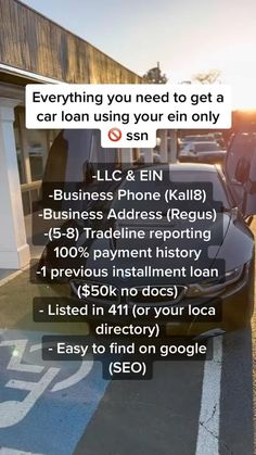 a car parked in front of a building with the text everything you need to get a car loan using your eni only