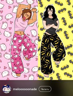 an image of two women in pajamas with cats on them and one woman wearing cat pants