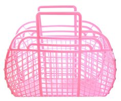 a pink plastic basket with handles on white background