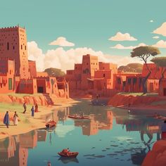 Landscape of Mali Fantasy Desert Village, Middle East Landscape, African Architecture, Fantasy Desert Town, African Village Fantasy Art, African City Fantasy Art, Egyptian Village Art, African Fantasy Art Landscape, Ancient Egypt City Concept Art