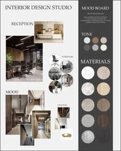 the interior design studio brochure is shown with many different types of materials and colors