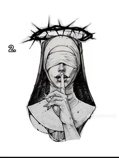 a black and white drawing of a nun holding her finger up to her mouth with the word jesus on it