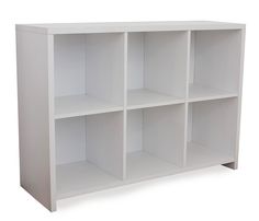 a white bookcase with six shelves on each side