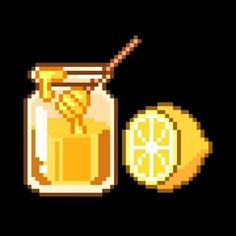 a jar of lemonade next to an orange slice and a pixellated coin on a black background