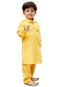 Product Features :  Top Color: Yellow Top Fabric: Cotton Product Type: Pathani Khan Suit Set Product Length: Knee Length Hemline: Curved Fabric Purity: Blended Weave Pattern: Regular Placket: Button Placket Collar: Cutaway Collar Sleeves: Long Sleeves Ethnic Wear For Boys, Pathani Suit, Design Kurta, Kids Kurta, Boys Kurta, Kurta Pyjama, Cutaway Collar, Ghagra Choli, Dupion Silk