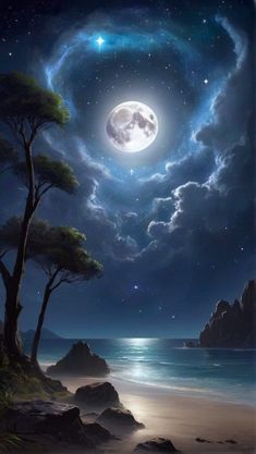 the moon is shining brightly over the ocean and some trees on the shore at night