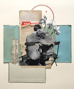 an altered photograph of two people sitting on a bench with flowers in their lap, and the image is collaged together