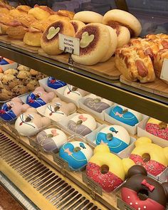 a display case filled with lots of different types of doughnuts and pastries