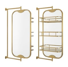 two gold metal shelves with mirrors on each shelf and one is holding an empty mirror