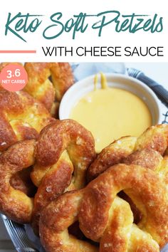 keto soft pretzels with cheese sauce in a basket