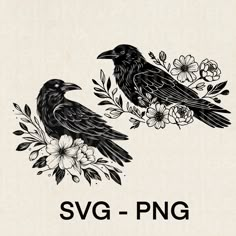 two black birds sitting on top of flowers next to the words svg - png