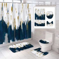 a bathroom with blue and gold decor on the shower curtain, rugs and toilet