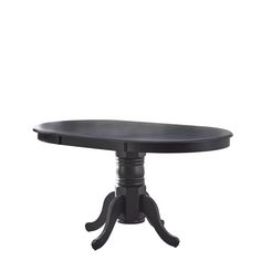 a black table with an oval top and two legs on the base, against a white background