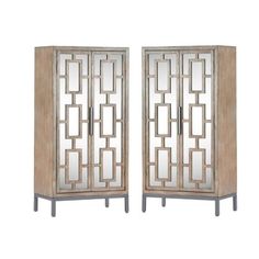 a pair of wooden doors with mirrored panels