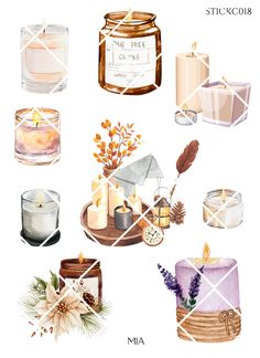 watercolor candles and other items on a white background