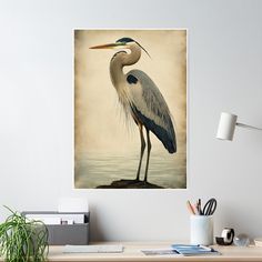 a painting of a blue heron standing on a rock