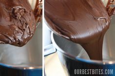 two pictures side by side showing chocolate being poured into a mixing bowl and then stirred with melted chocolate