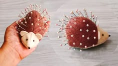 two small hedgehogs are being held by someone's hand with pins on them