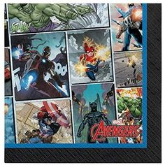 Their favorite Avengers superheroes are here to add excitement to the party with Marvel Powers Unite Beverage Napkins! These small two-ply paper napkins feature action shots of their favorite Marvel characters: Captain Marvel, Iron Man, Hulk, Captain America, and Black Panther. Set these paper napkins on the dessert table to keep small hands clean. Marvel Powers Unite Beverage Napkins product details: 16 per package 5in x 5in when folded Made in the USA Size: One Size.  Color: Multicolor. Avengers Party Theme, Marvel Powers, Avengers Party Ideas, Batman Party Supplies, Superhero Birthday Party Decorations, Marvel Avengers Comics, Marvel Party, Avengers Party, Colorful Drinks