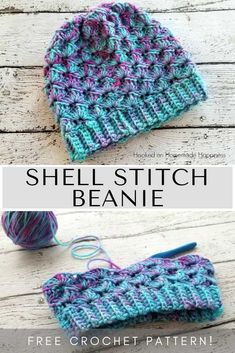 the shell stitch beanie is made with two different colors of yarn, and it's free crochet pattern