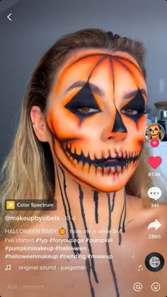 Jack O Lantern Halloween Makeup, Pumpkin Face Halloween Makeup, Pumkin Makeup Halloween Scary, Scary Pumpkin Makeup Halloween, Pumpkin Queen Makeup, Halloween Pumpkin Makeup Ideas, Half Pumpkin Face Makeup, Pumpkin Clown Makeup, Pumpkin Queen Costume