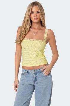 Virginia Lace Trim Eyelet Tank Top Yellow Lace Top, Wwe T Shirts, Eyelet Fabric, Yellow Tank Top, Lace Straps, Girls Blouse, Yellow Shirts, Yellow Lace, Lace Tank Top