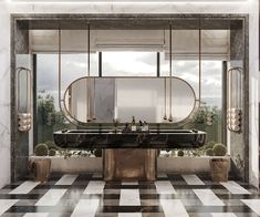 a bathroom with black and white checkered flooring, two sinks and mirrors on the wall