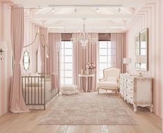 a baby's room with pink walls and curtains