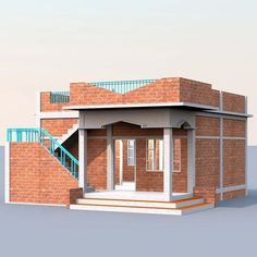 a small brick building with a porch and stairs