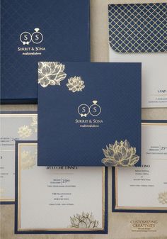 wedding stationery with gold and navy colors