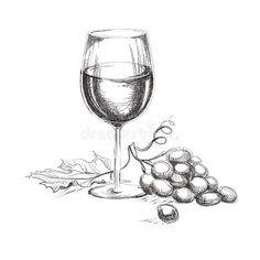 a glass of wine, grapes and leaves royalty illustration