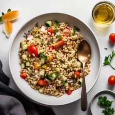 a white bowl filled with pasta salad next to a glass of wine and two silver spoons