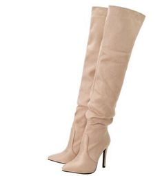 Women Fashion Pointy Toe Side Zipper Over Knee Boots Slim High Heels Party Shoes | eBay Fitted Cream Heeled Boots For Party, Cream Fitted Boots For Party, Trendy Beige Party Boots, Fitted Cream Boots For Party, Cream Heeled Boots For Fall Party, Trendy Beige Heeled Boots For Party, Trendy Cream Boots For Party, Beige Heels For Fall Night Out, Fitted Beige Boots For Party