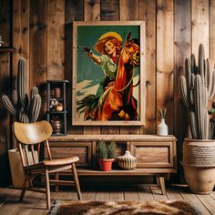 a living room with wooden walls and cactus plants in the corner, including a painting of a cowboy riding a horse