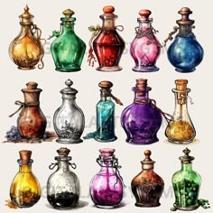 an assortment of different colored glass bottles on a white background