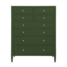 a green dresser with gold knobs on the top and bottom drawers, against a white background