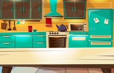 an illustration of a kitchen with blue cabinets and teal appliances on the countertop