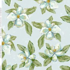 a painting of white flowers with green leaves on a light blue background that looks like watercolor