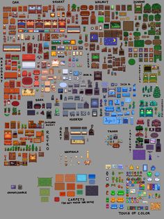 an image of a bunch of different types of furniture and objects in pixel art style