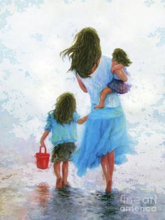 a painting of three children playing on the beach