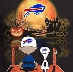 two cartoon characters are sitting at a table in front of a full moon with the buffalo bills logo on it