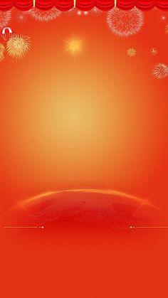 an orange background with red curtains and fireworks in the air, on top of a planet