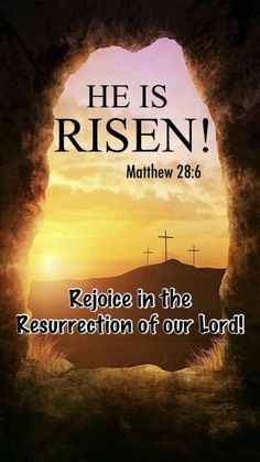 the cover of he is risen, with an image of a cross in the background