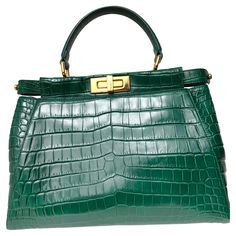 Fendi green Emerald croco leather Peekaboo Gold tone hardware. Croco Emerald green shoulder strap Cites inside Measurements: 33*24*13 cm Luxury Green Box Bag With Top Carry Handle, Bag Handle, Green Emerald, Handle Bag, Fendi Bags, Bags Shoes, Fashion Handbags, Emerald Green, Top Handle Bag