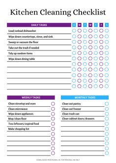 the kitchen cleaning checklist is shown in purple and blue