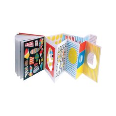 an open book with three different designs on the front and back cover, one is colorful